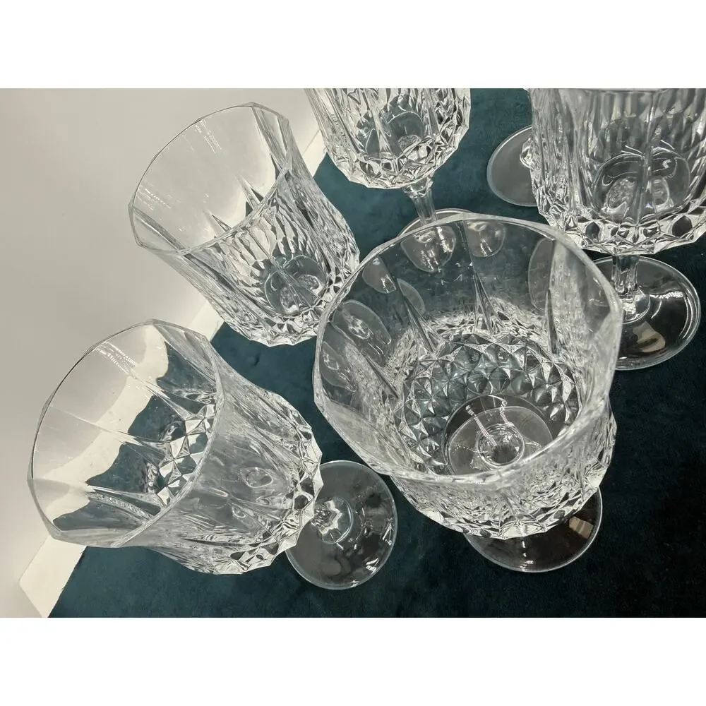 Crystal Cut Glass Wine Goblets Set of 6 Clear Stemmed Glasses Diamond 7 Inch